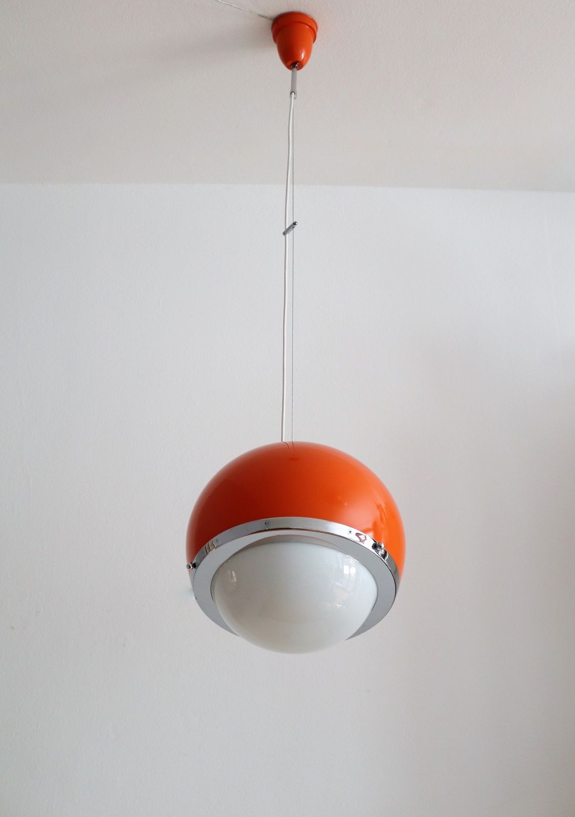 Lighting Italian Midcentury Pendant Lamp From The Space Age In Glass And Aluminium, 1960s photo