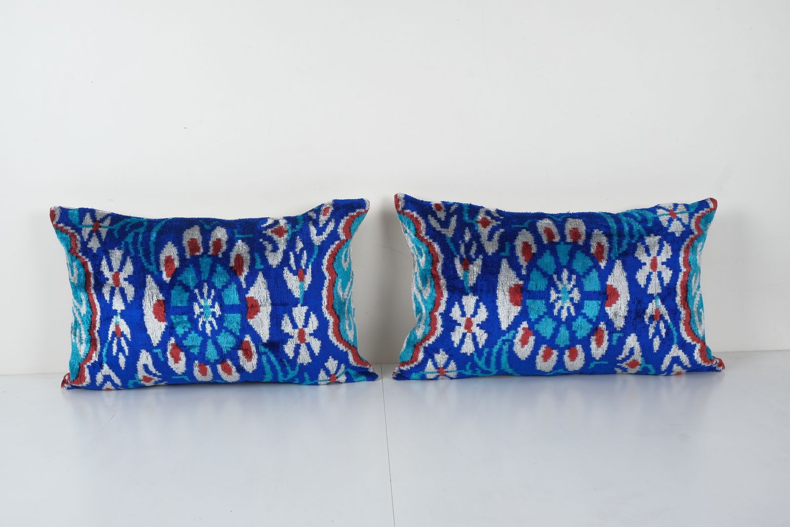 Handmade Ikat Blue Velvet Pillow   Set Silk Ikat Decorative Pillow Cover   Pair Soft Couch Cushion 16'' X 24''