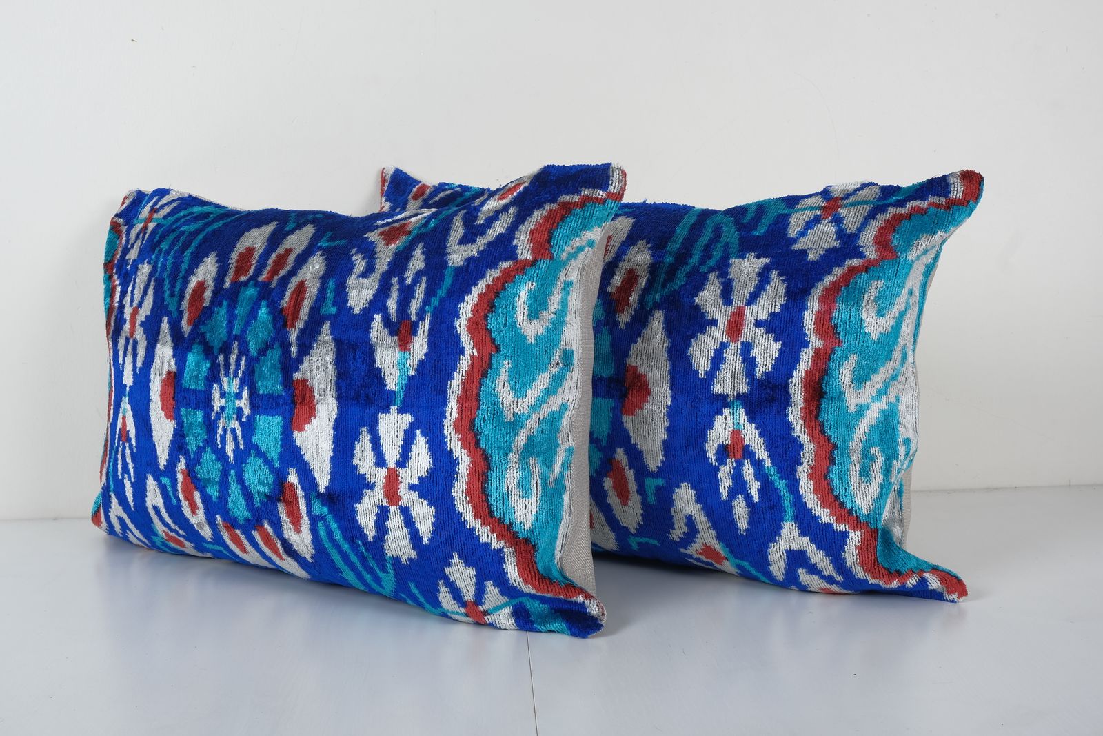 Handmade Ikat Blue Velvet Pillow   Set Silk Ikat Decorative Pillow Cover   Pair Soft Couch Cushion 16'' X 24'' photo for sale