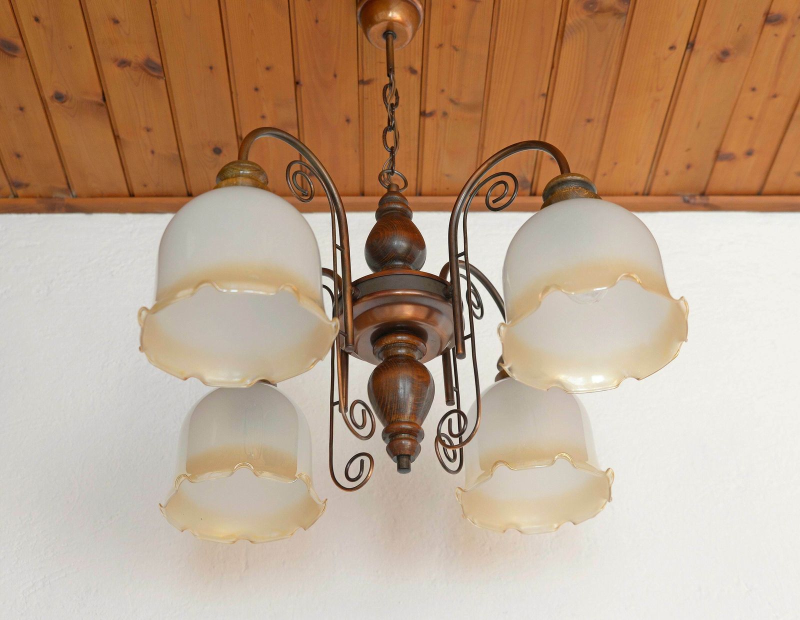 Vintage Pendant Light / Mid Century Rustic Lamp / Wood And Copper / Hanging Lamp / Colonial Chandelier / Yugoslavia 1970's