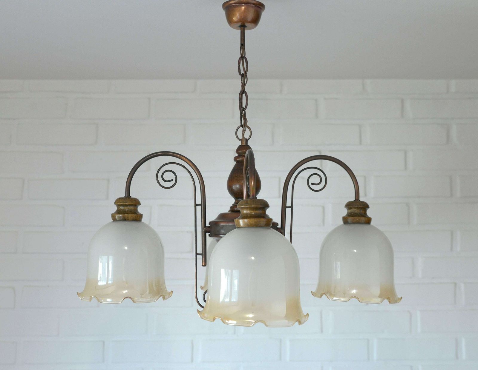 Vintage Pendant Light / Mid Century Rustic Lamp / Wood And Copper / Hanging Lamp / Colonial Chandelier / Yugoslavia 1970's photo for sale