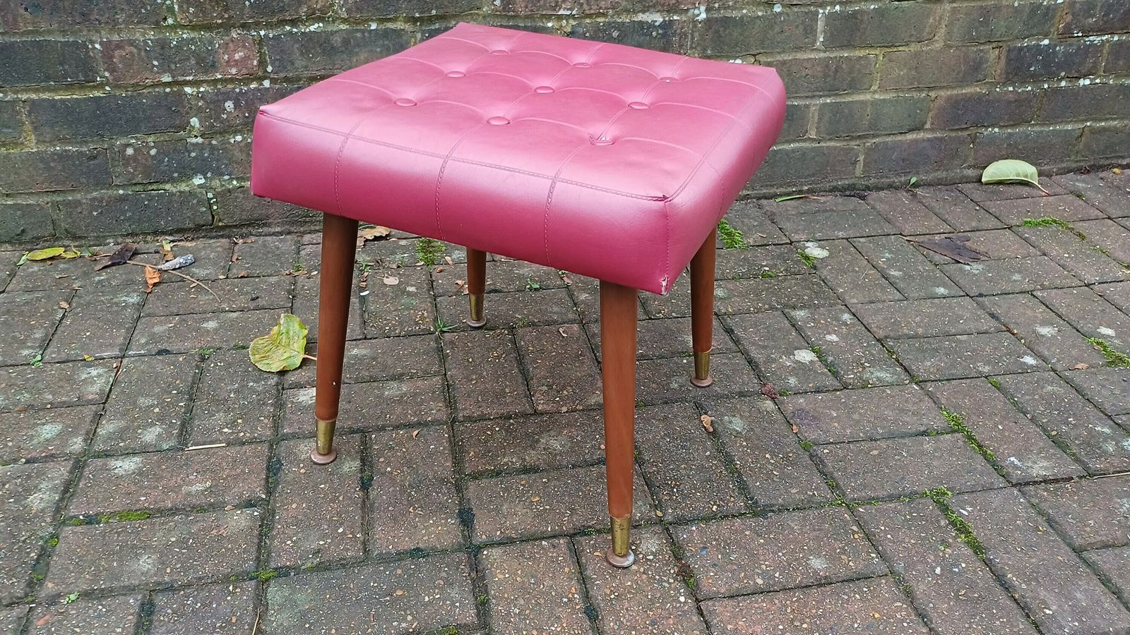 Retro Faux Leather Red Stool On Atomic Legs Red Leatherette Buttoned Metal Feet Authentic Retro photo furniture