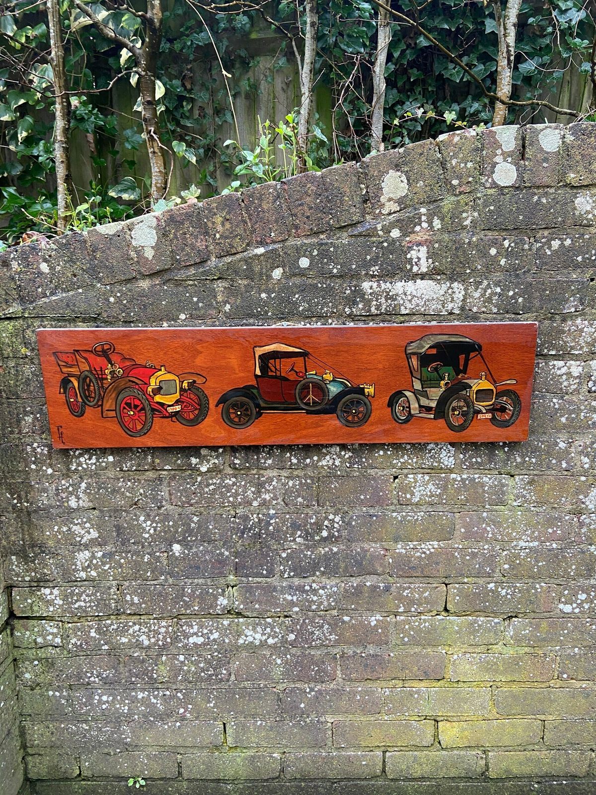 Vintage Cars On Blockwood Acrylic Painting   Mixed Media With Pyrography And Acrylic Paint, Circa 1970s   Long Horizontal Painting