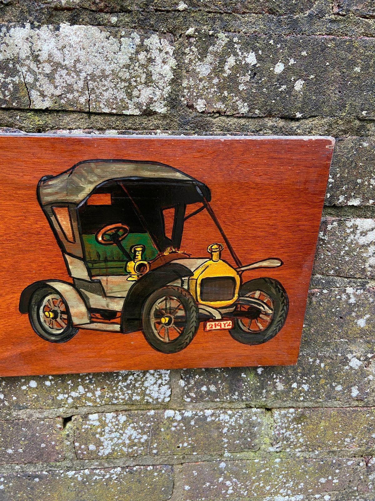Vintage Cars On Blockwood Acrylic Painting   Mixed Media With Pyrography And Acrylic Paint, Circa 1970s   Long Horizontal Painting photo Art