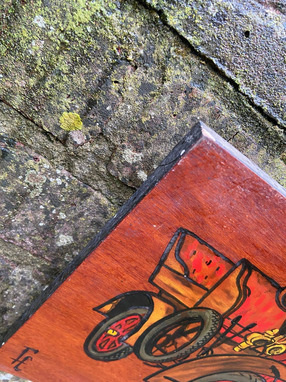 Vintage Cars On Blockwood Acrylic Painting   Mixed Media With Pyrography And Acrylic Paint, Circa 1970s   Long Horizontal Painting photo 82.0
