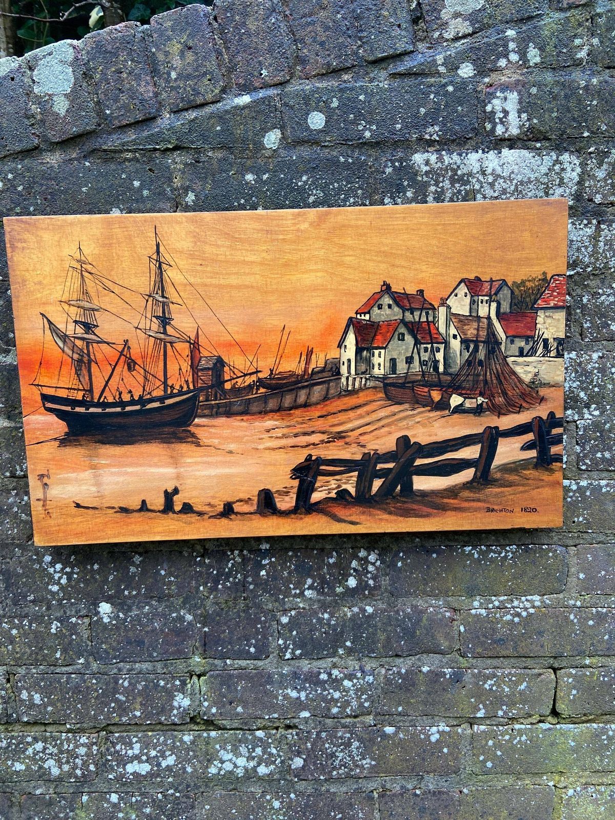 Vintage Brighton 1820 Acrylic Painting Burntwood On Blockwood   Mixed Media With Pyrography (?) And Acrylic Paint