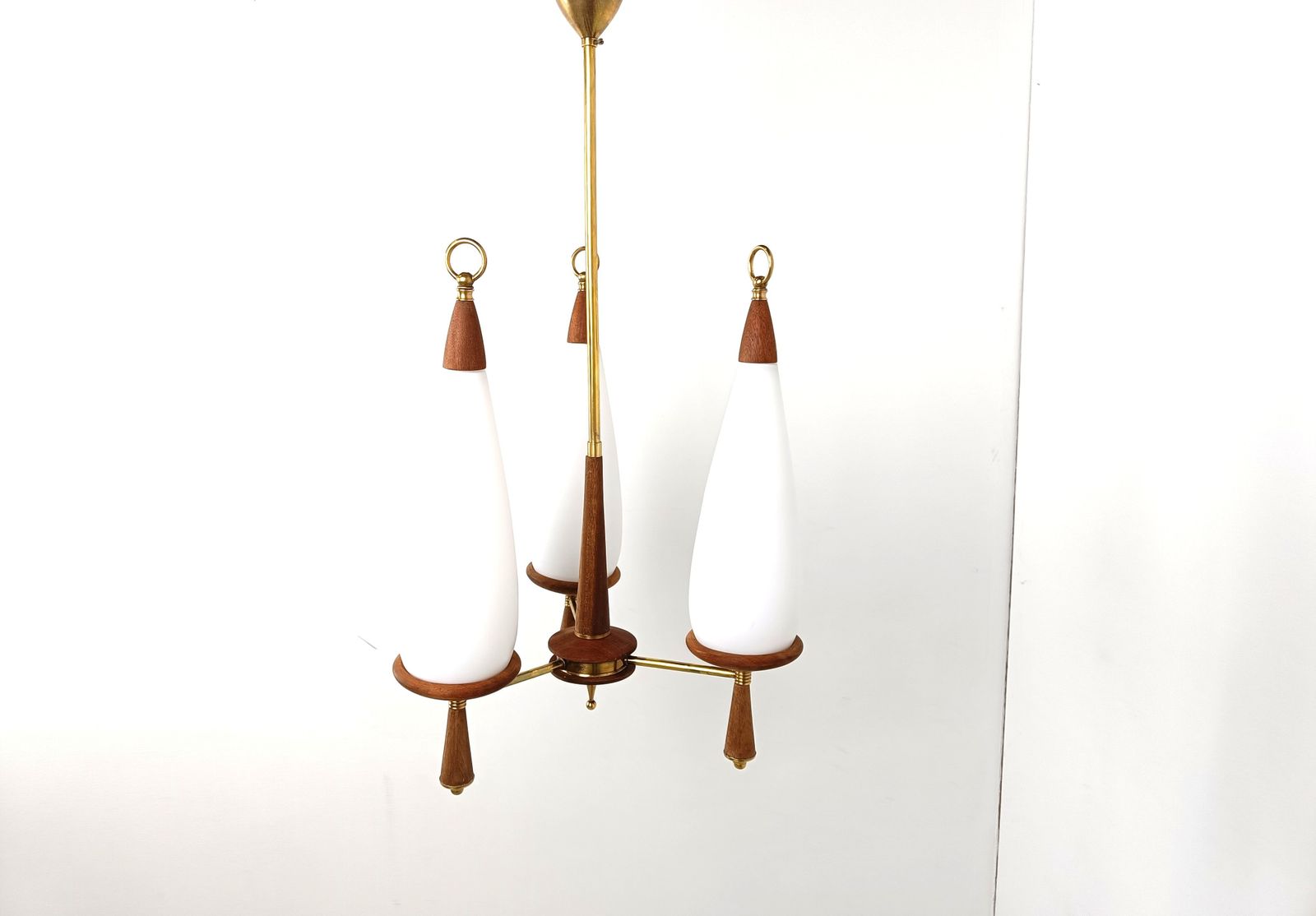 Vintage Teak Chandelier With White Glass Shades, 1960s