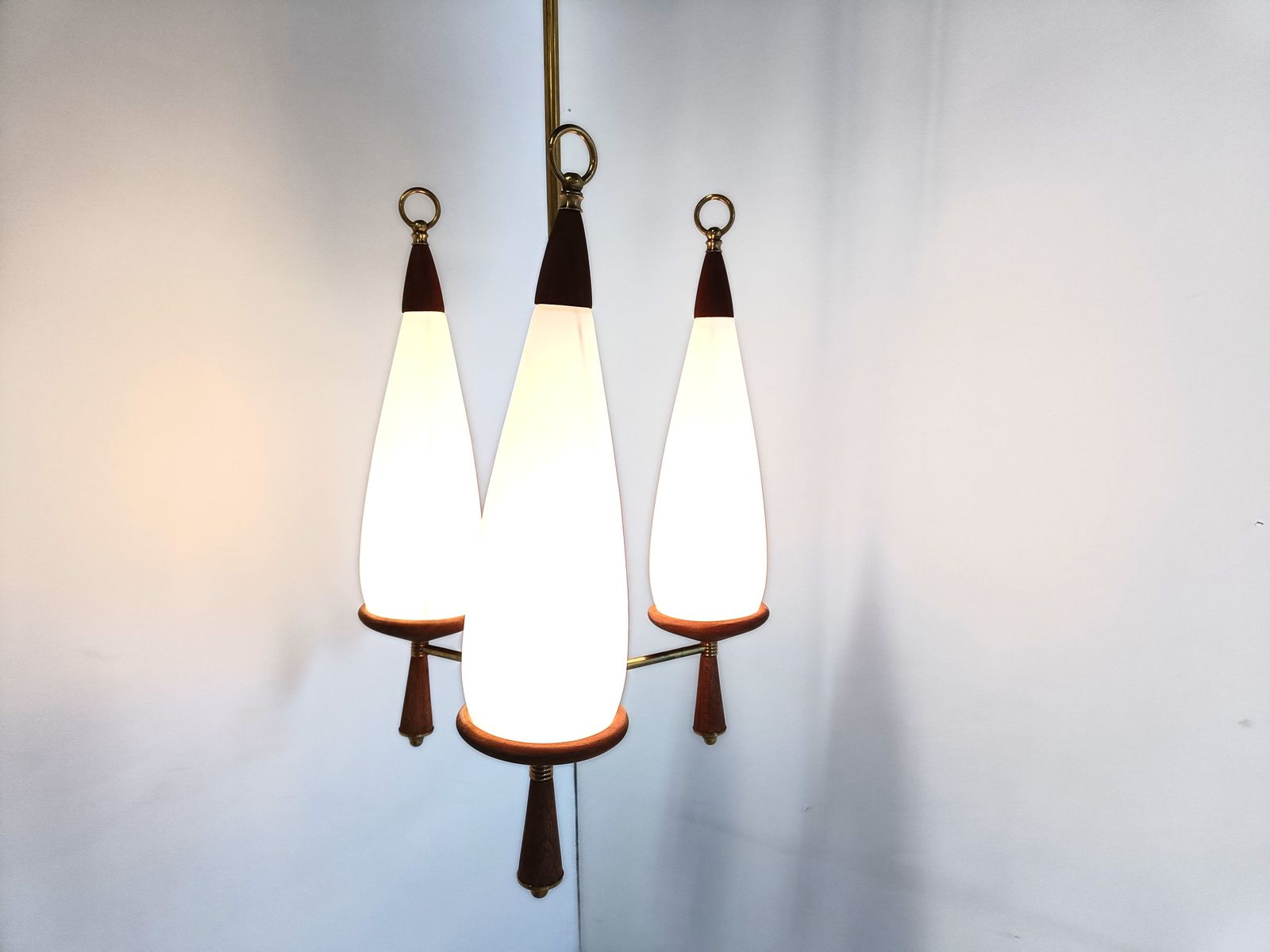 Vintage Teak Chandelier With White Glass Shades, 1960s photo vinterior