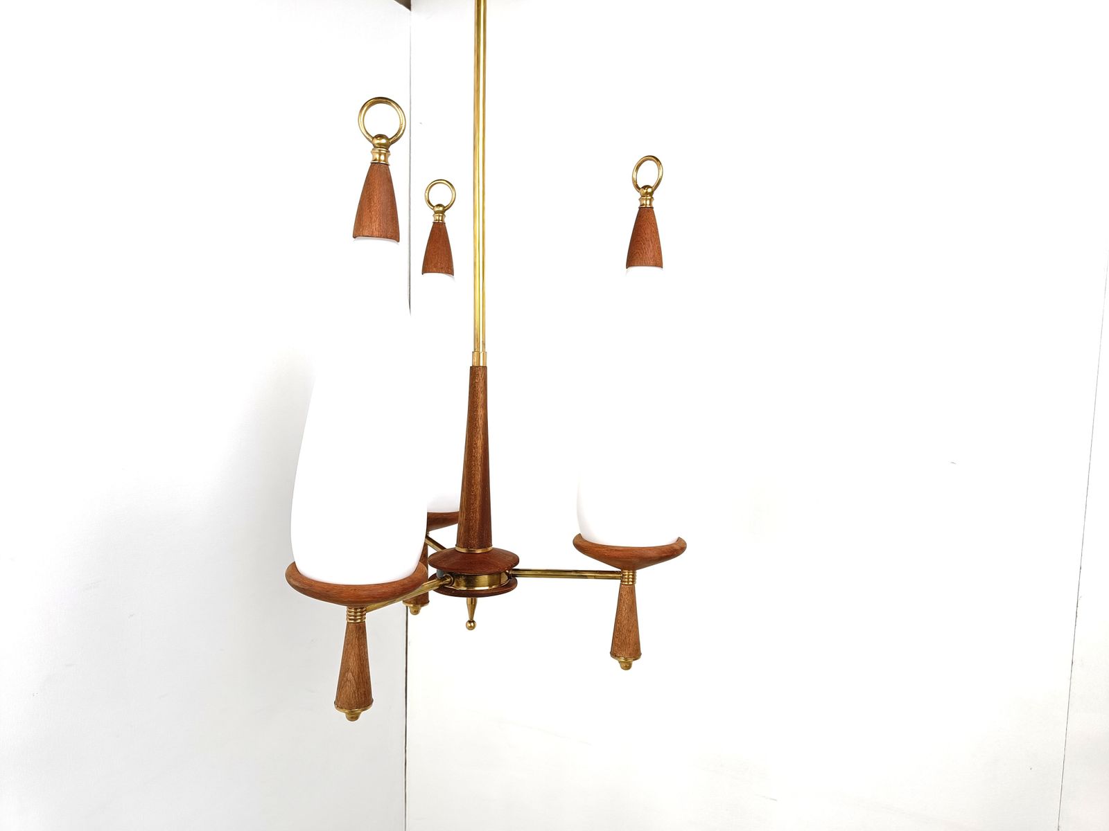 Vintage Teak Chandelier With White Glass Shades, 1960s photo buy