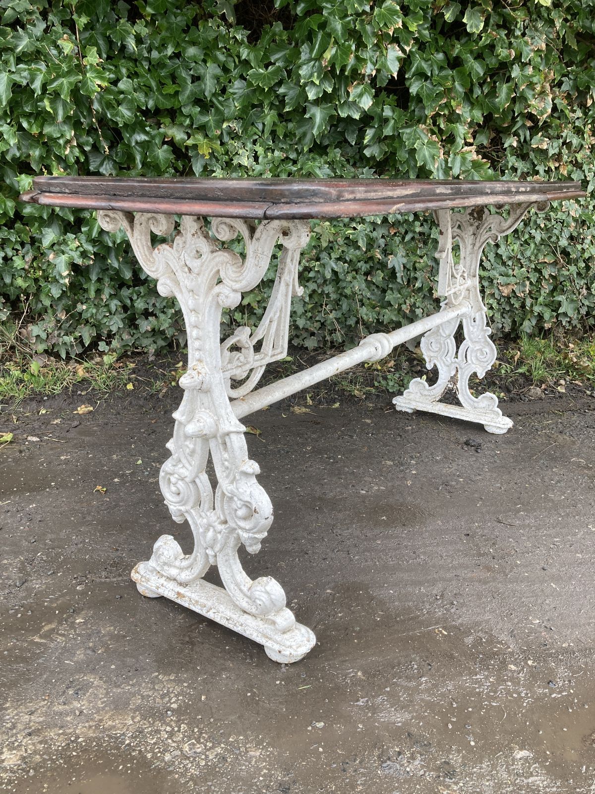 Victorian White Cast Iron Base, Mahogany Top Garden Table photo vintage