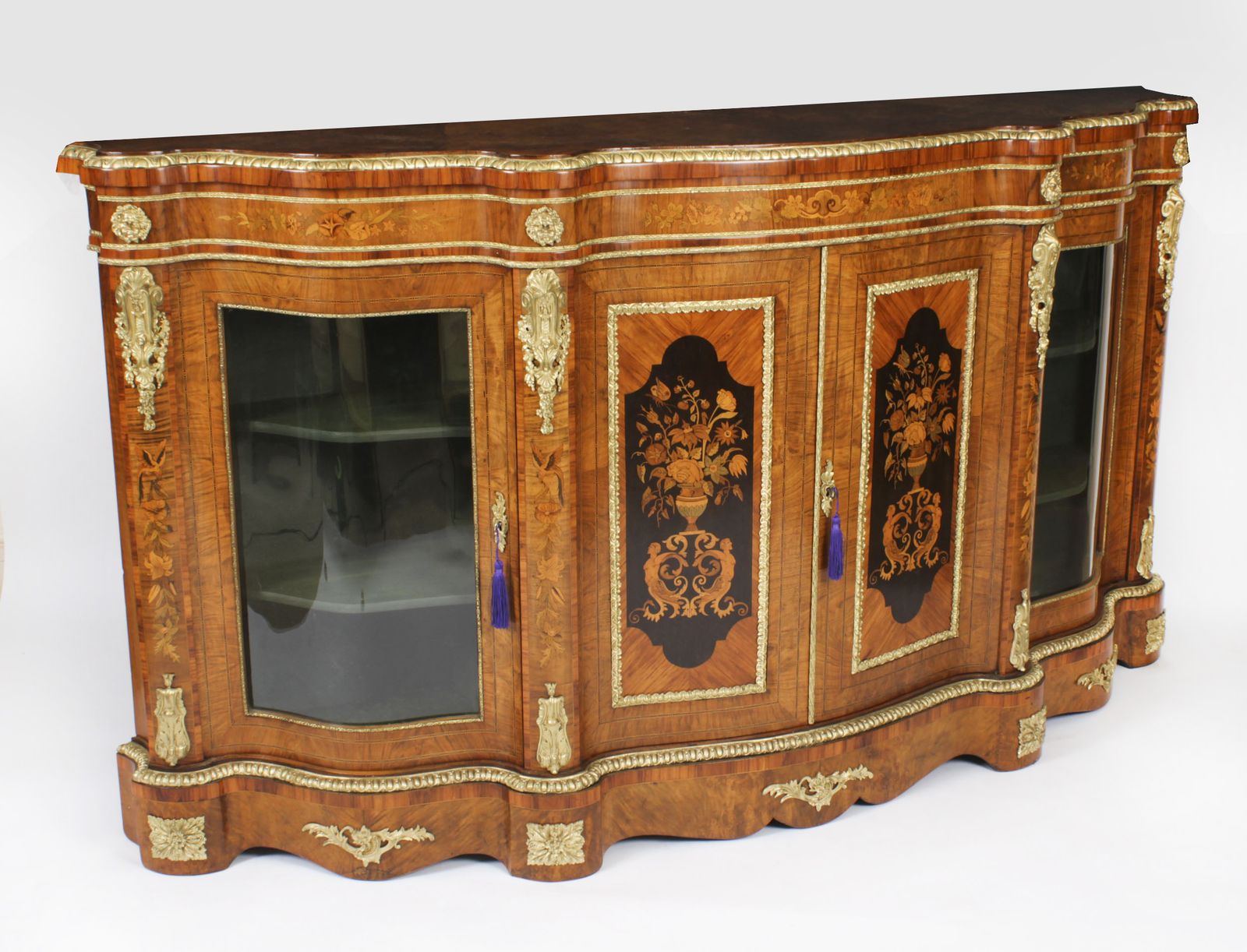 Antique Large Ormolu Mounted Walnut & Marquetry Serpentine Credenza 19th C photo furniture