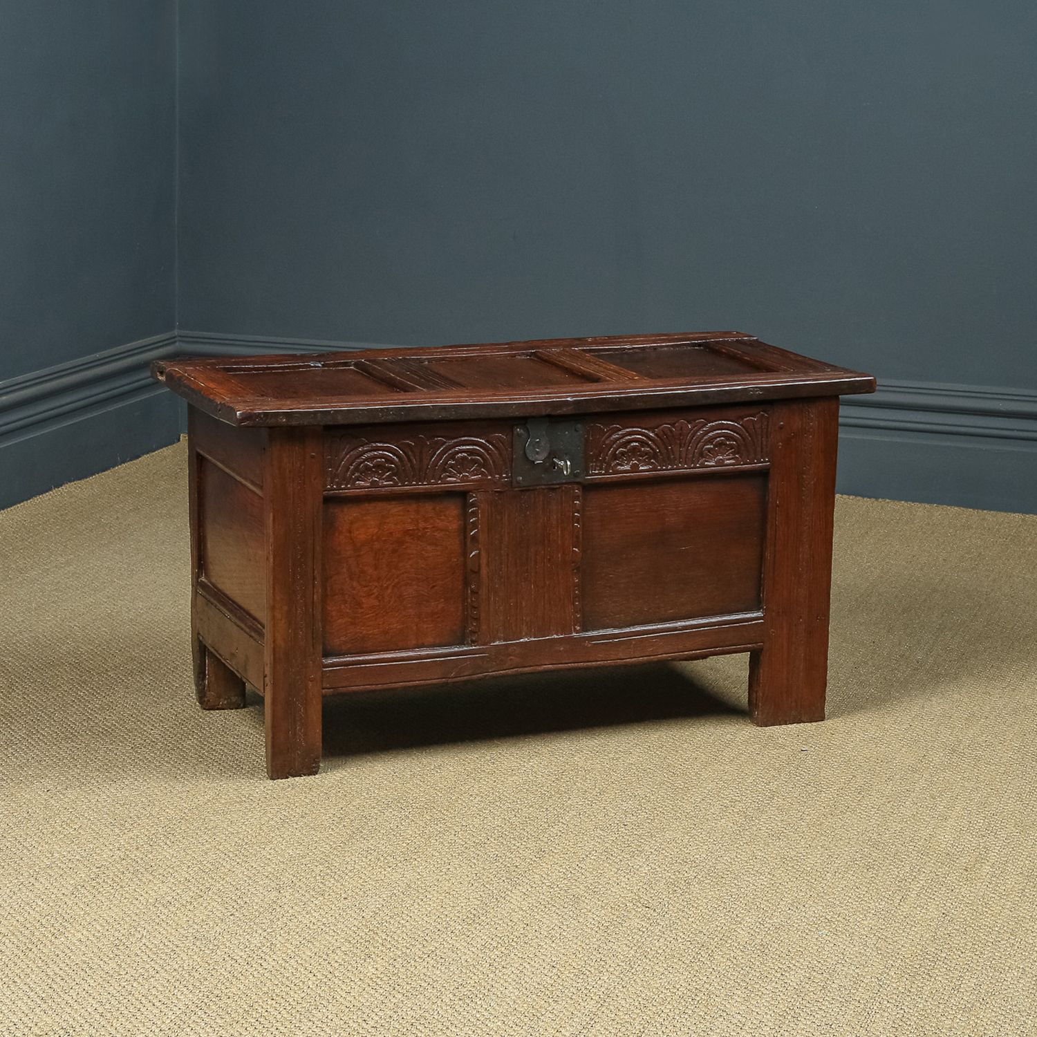 English 18th Century Georgian Oak Joined & Panelled Coffer Chest Blanket Box (Circa 1720)