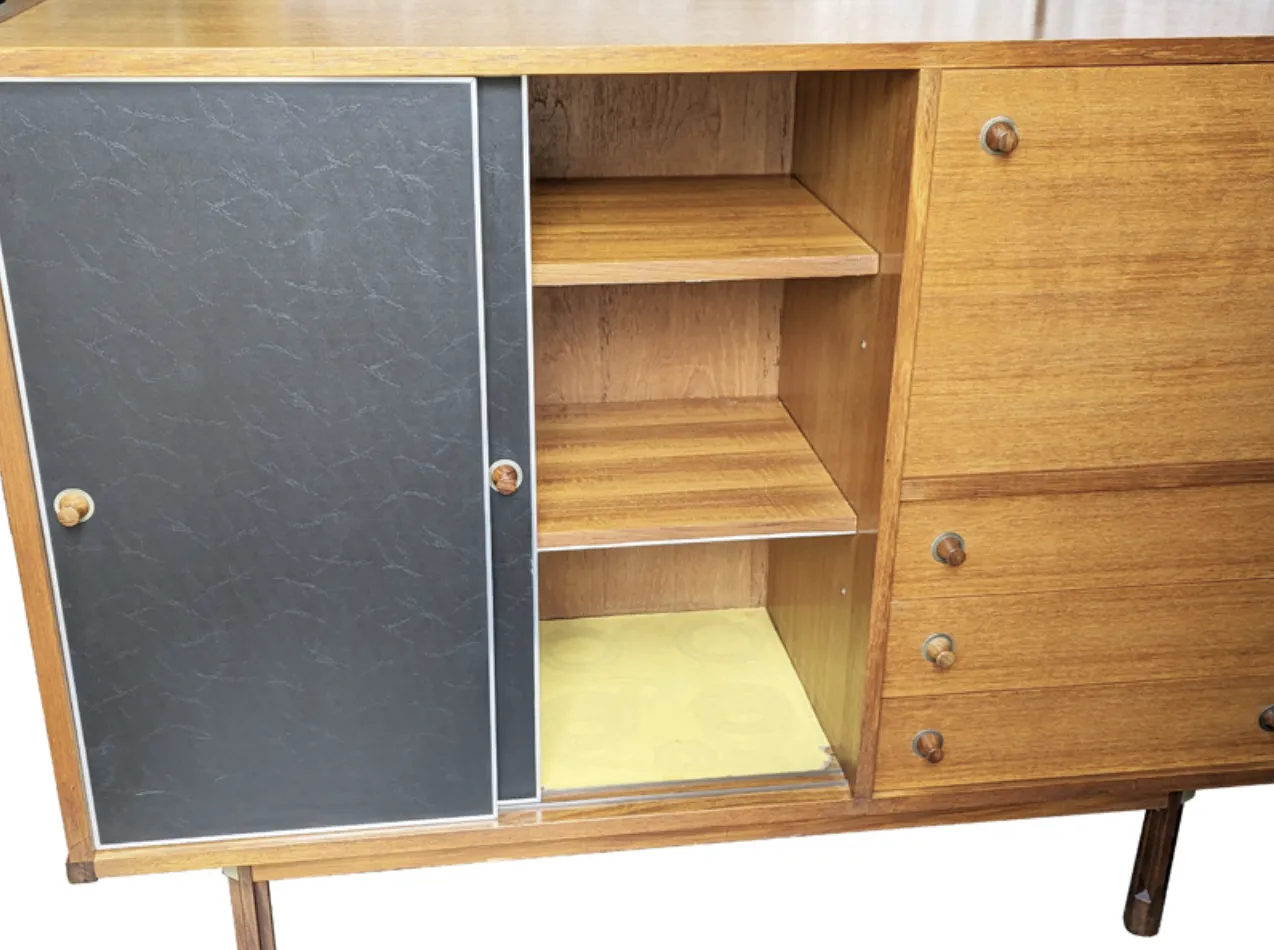 Furniture Italian Teakwood & Black Skai 1960s Sideboard By G. Coslin For 3v Arredamenti photo