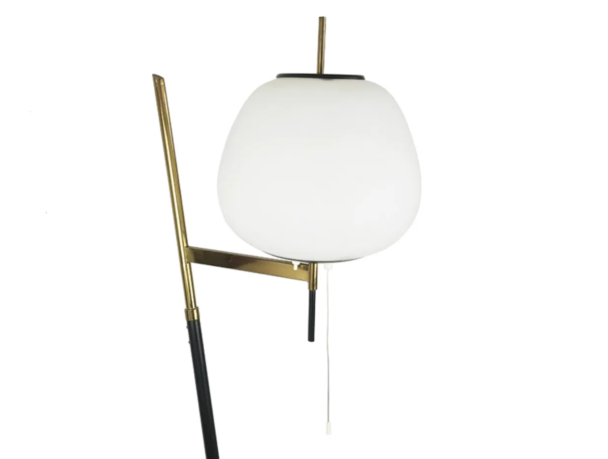 Lighting Black Metal, Brass & White Glass Floor Lamp Attrib. To Stilnovo, 1950s photo
