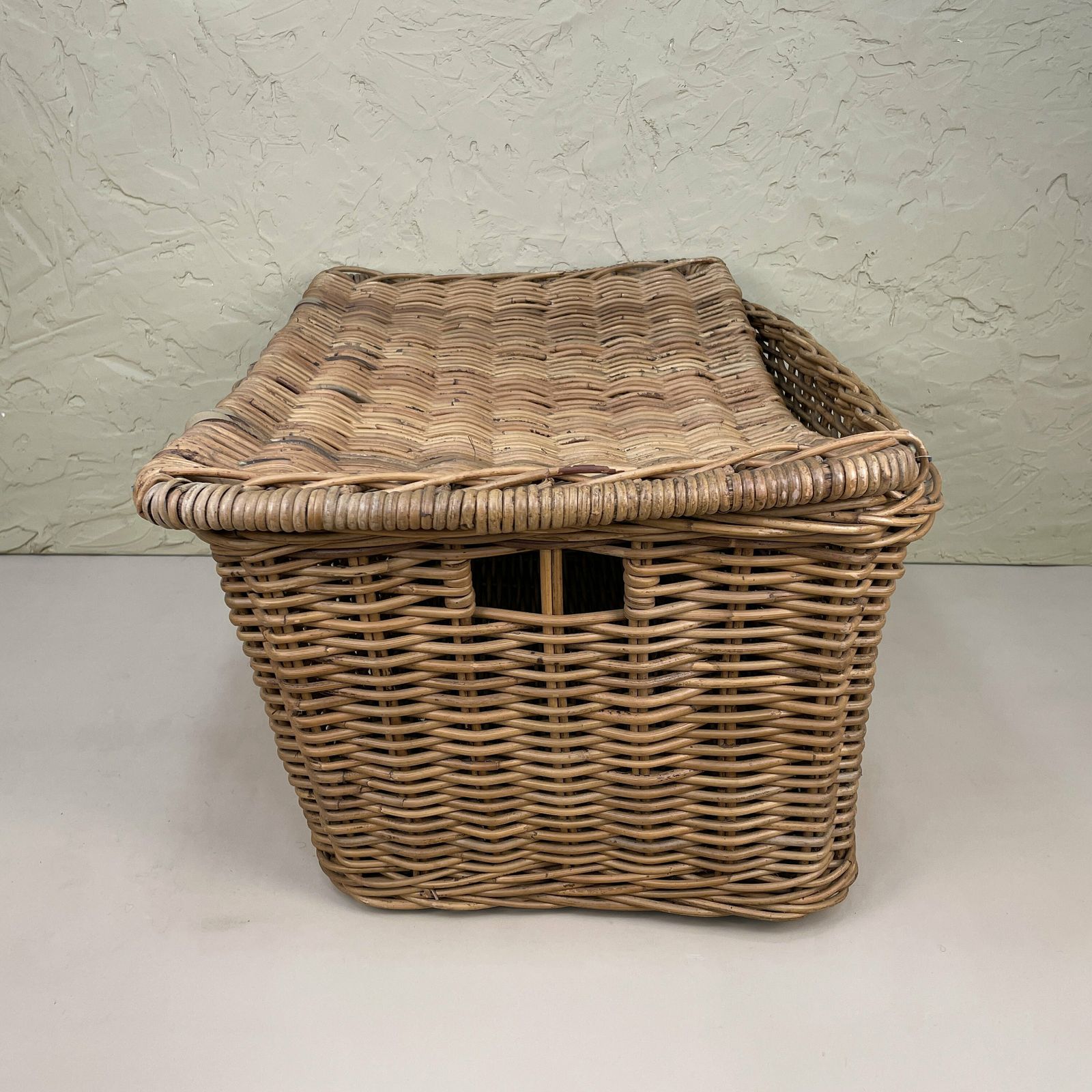 Large Rectangle Basket Woven Wicker Brown Antique Storage Lidded Leather Lid Log Toys Tidy Handles Vintage Rectangle Sturdy photo for sale
