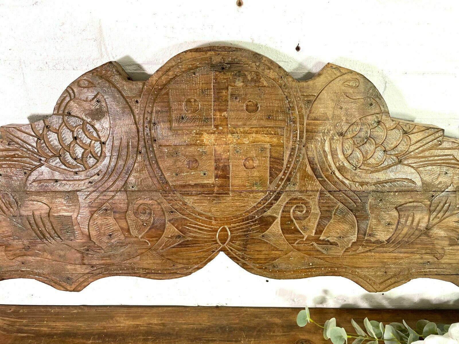Vintage Antique Indian Hand Carved Solid Wood Floral Sign Plaque Bed Head Board photo furniture
