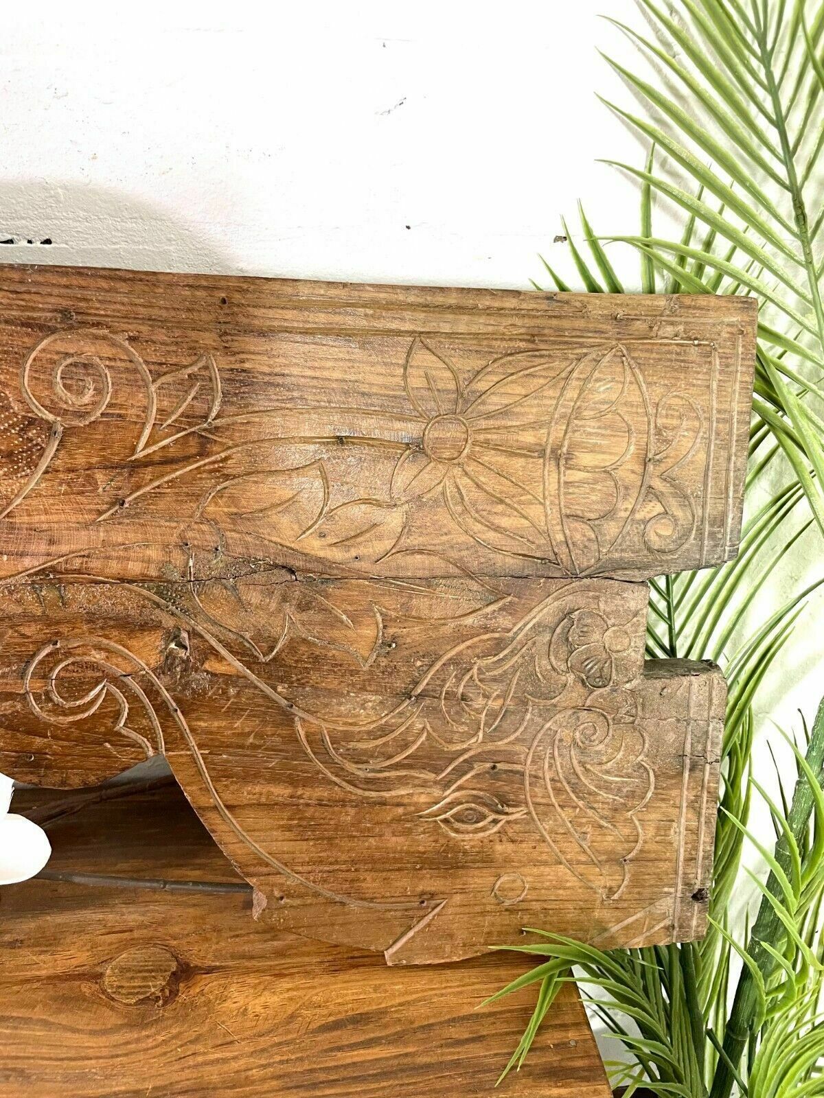 photo for sale Vintage Antique Indian Hand Carved Solid Wood Floral Sign Plaque Bed Head Board