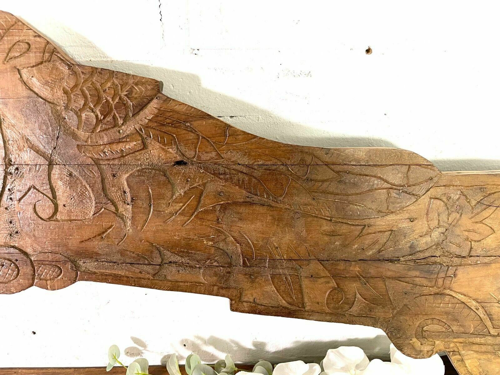 Vintage Antique Indian Hand Carved Solid Wood Floral Sign Plaque Bed Head Board photo for sale