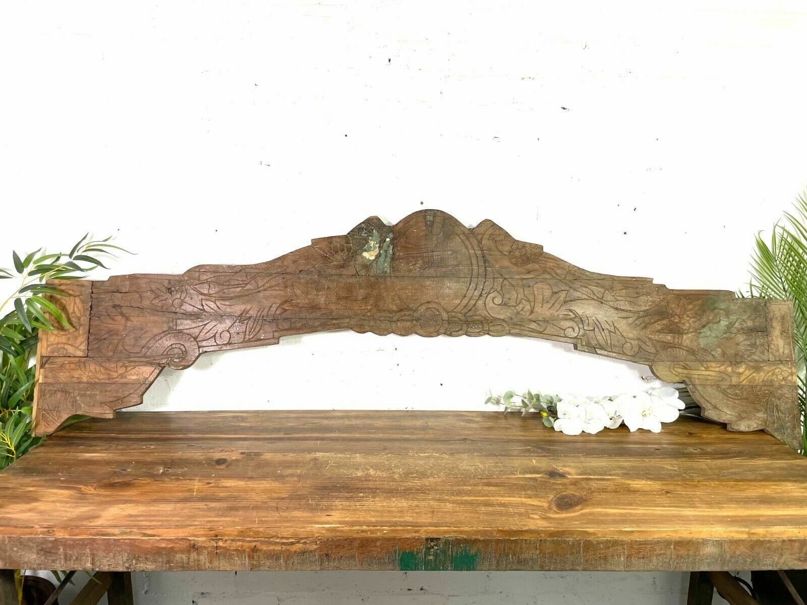 Vintage Antique Indian Hand Carved Solid Wood Floral Sign Plaque Bed Head Board photo buy
