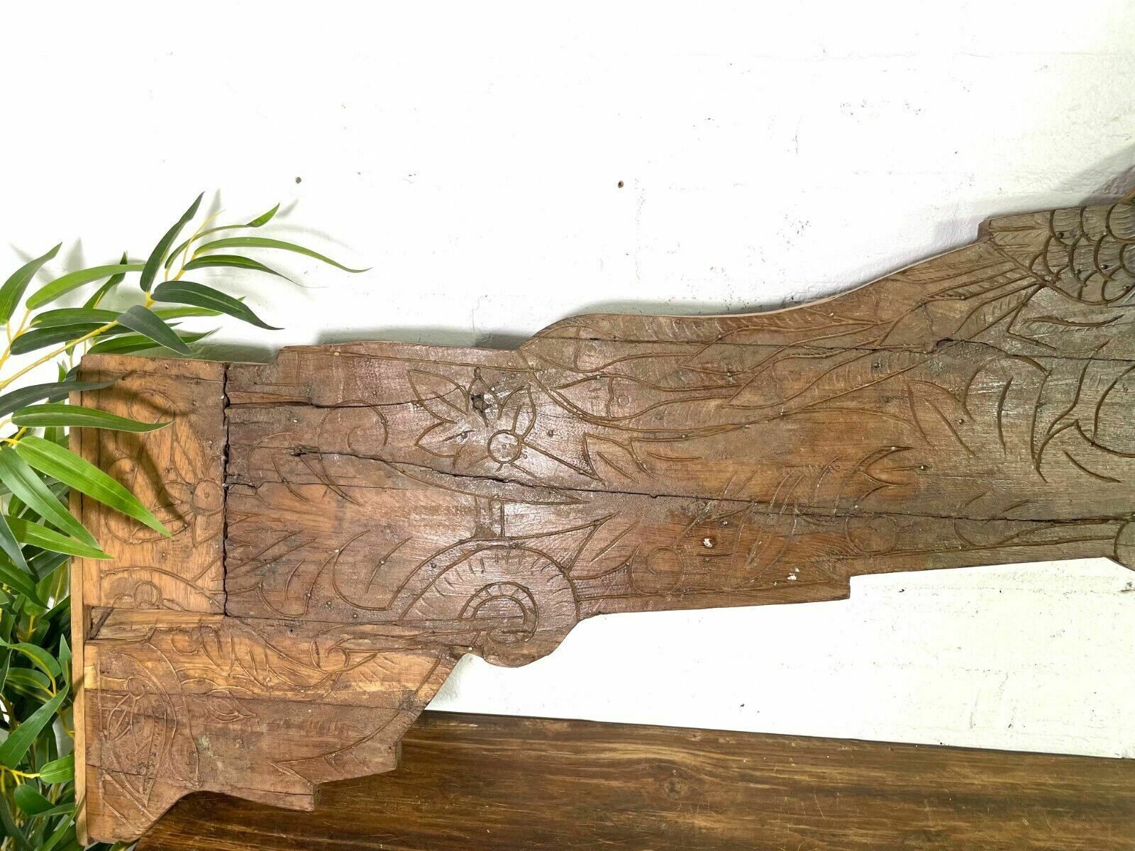 photo furniture Vintage Antique Indian Hand Carved Solid Wood Floral Sign Plaque Bed Head Board