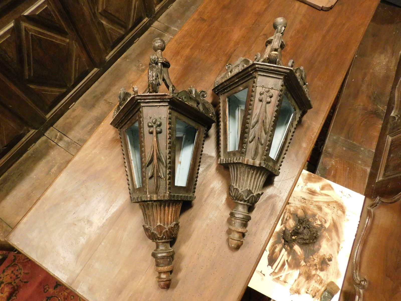 Pair Of Old Big Street Lamps, Procession Lamps In Lacquered Wood, Italy photo for sale