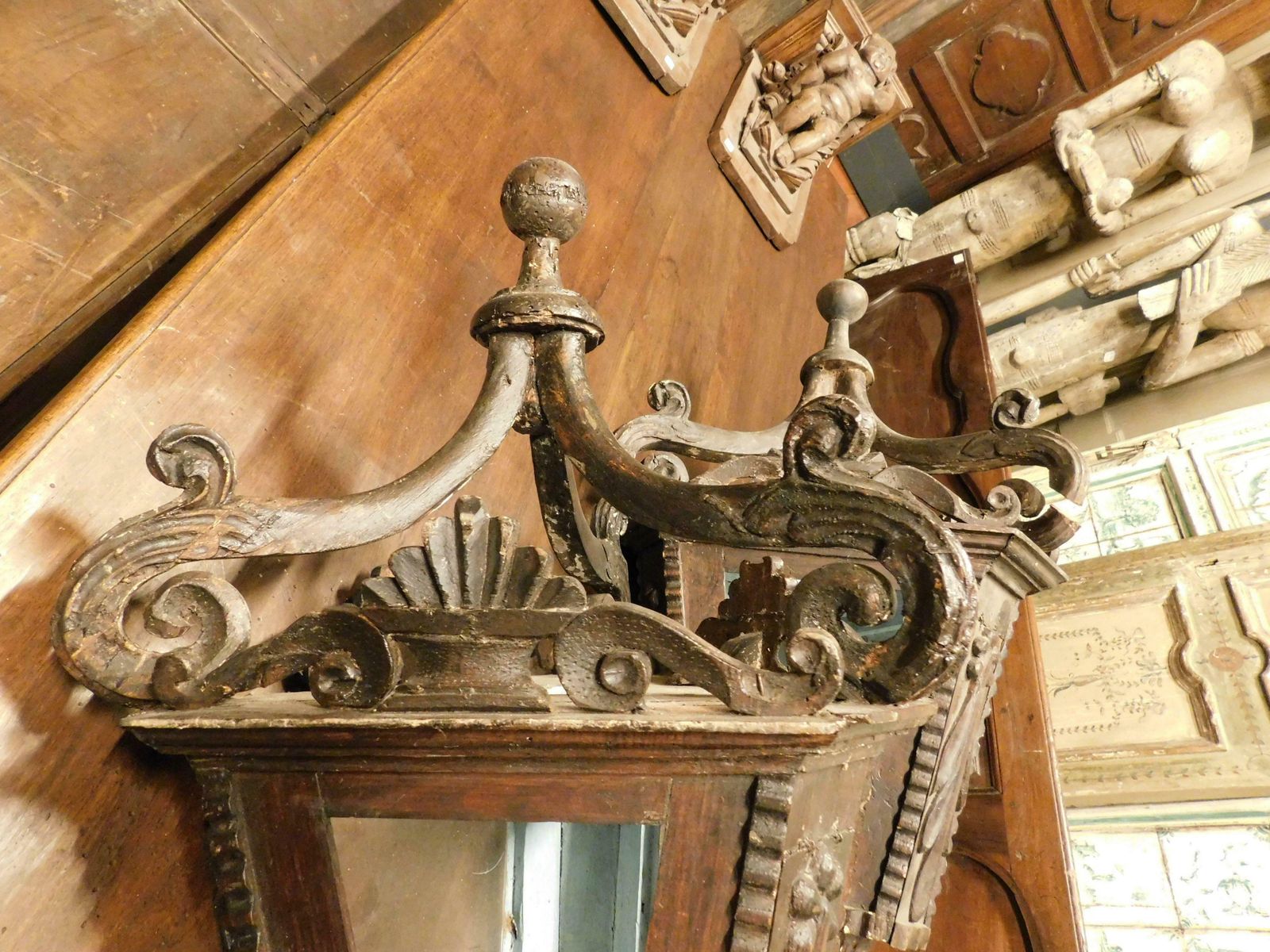 Lighting Pair Of Old Big Street Lamps, Procession Lamps In Lacquered Wood, Italy photo
