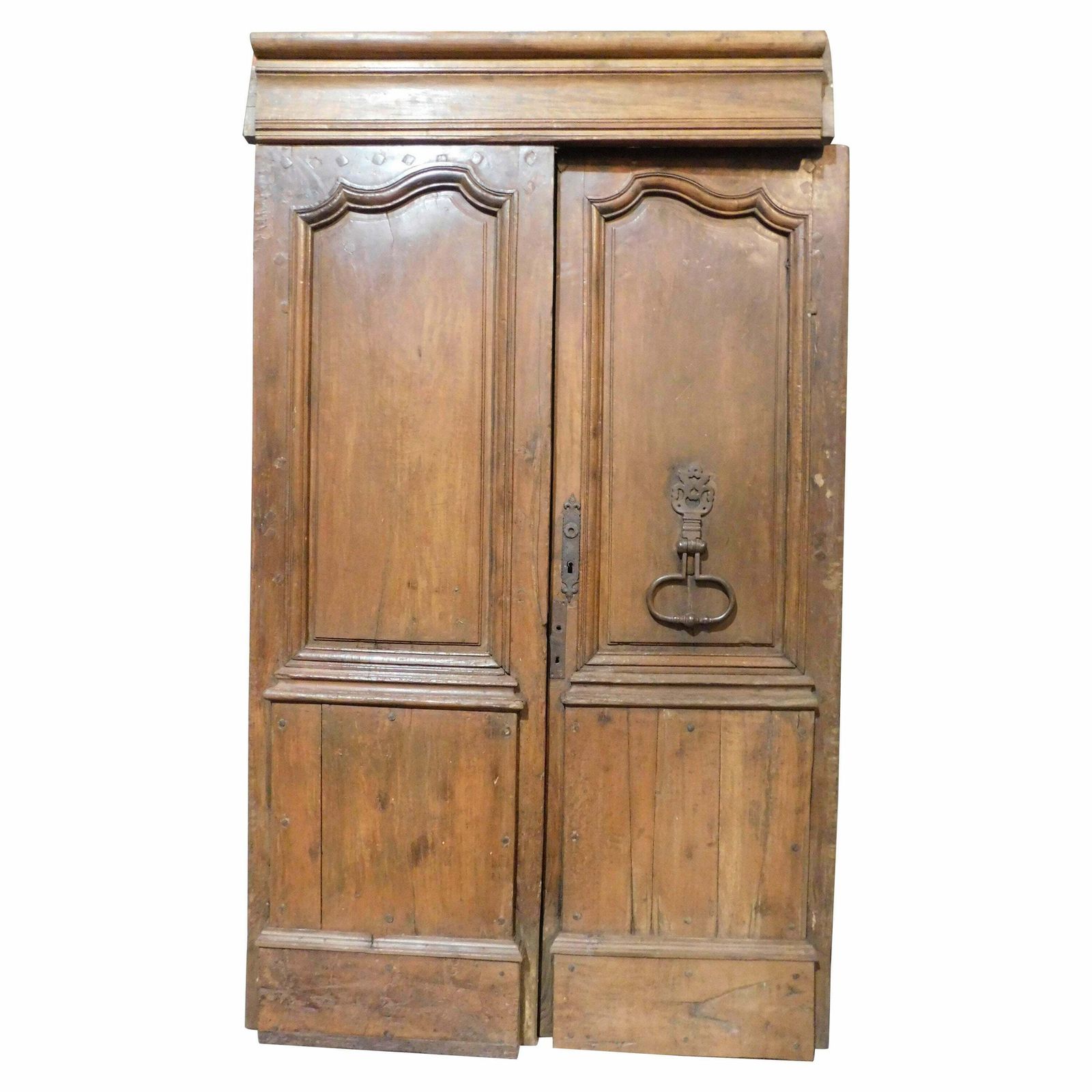 Double Wing Entrance Main Old Door, Carved In Walnut Wood With Beam, Italy