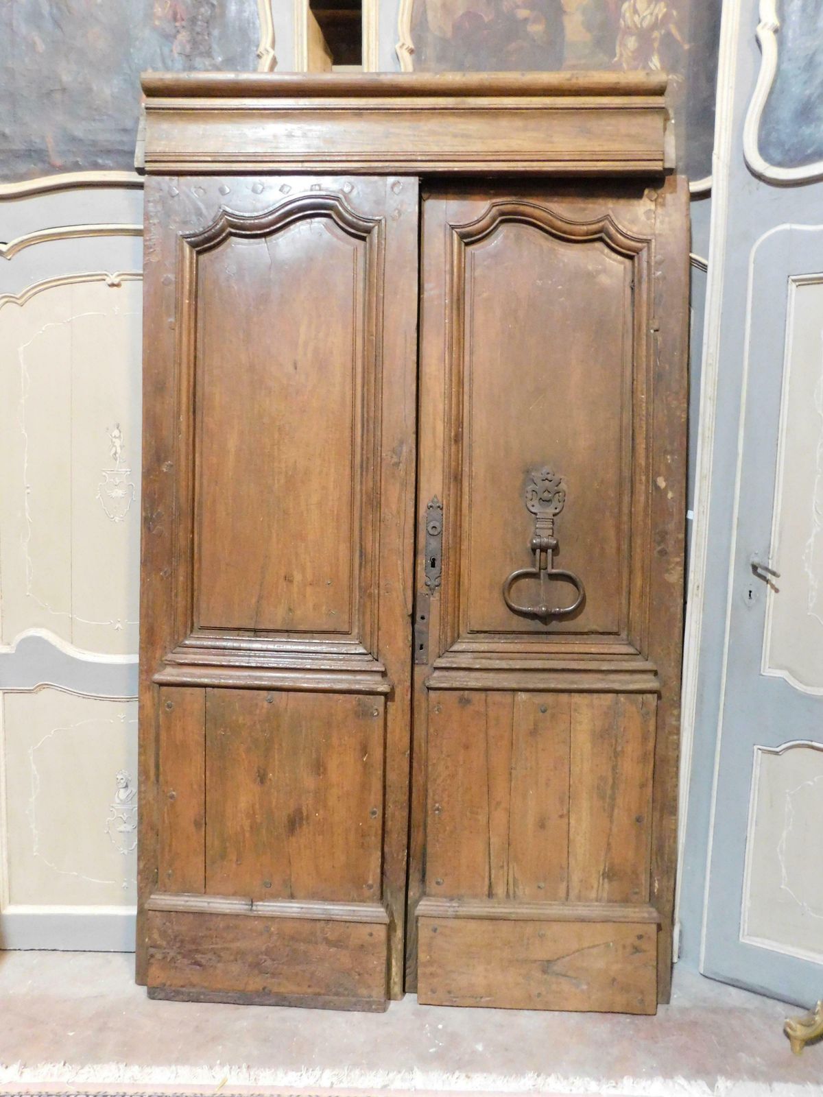 Double Wing Entrance Main Old Door, Carved In Walnut Wood With Beam, Italy photo furniture