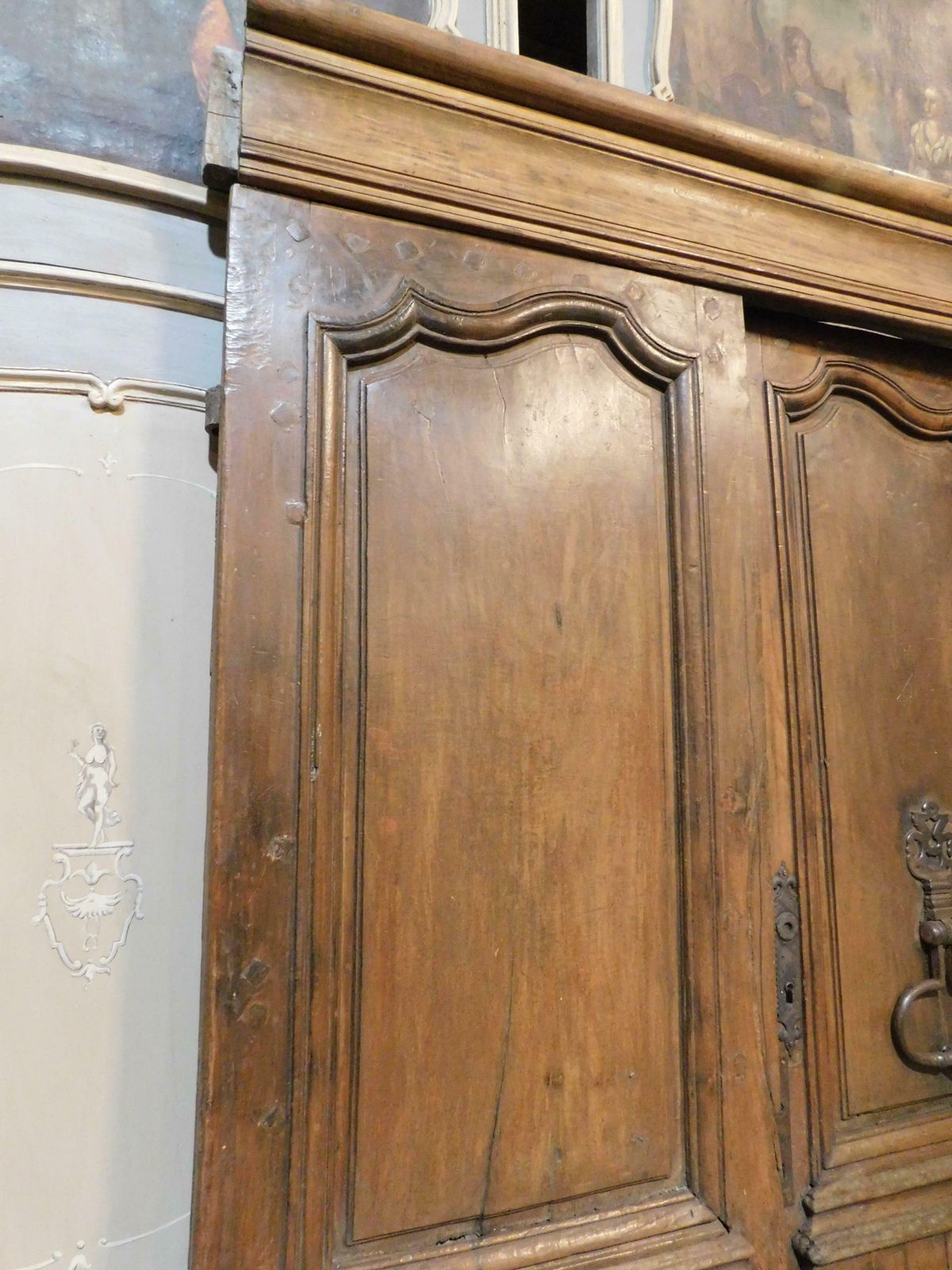 photo buy Double Wing Entrance Main Old Door, Carved In Walnut Wood With Beam, Italy