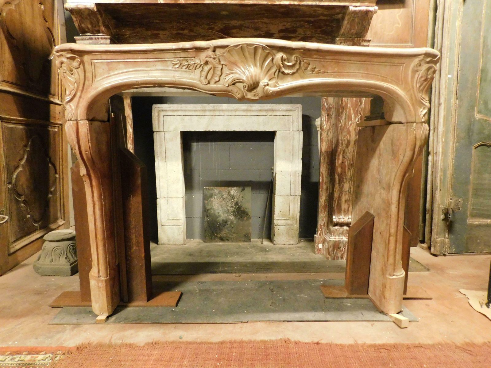 French Fireplace Mantle In "Rosso Verona" Marble, Carved With Shell photo for sale