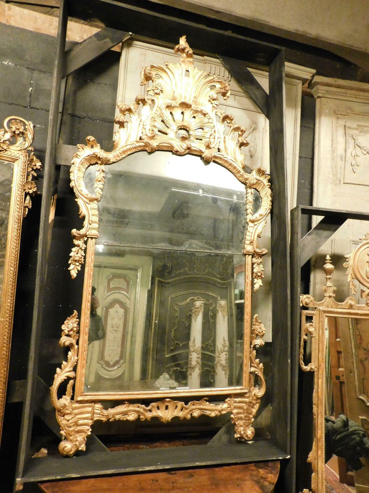 Ancient Gilded Wooden Mirror With Richly Carved Cymatium, Italy photo for sale