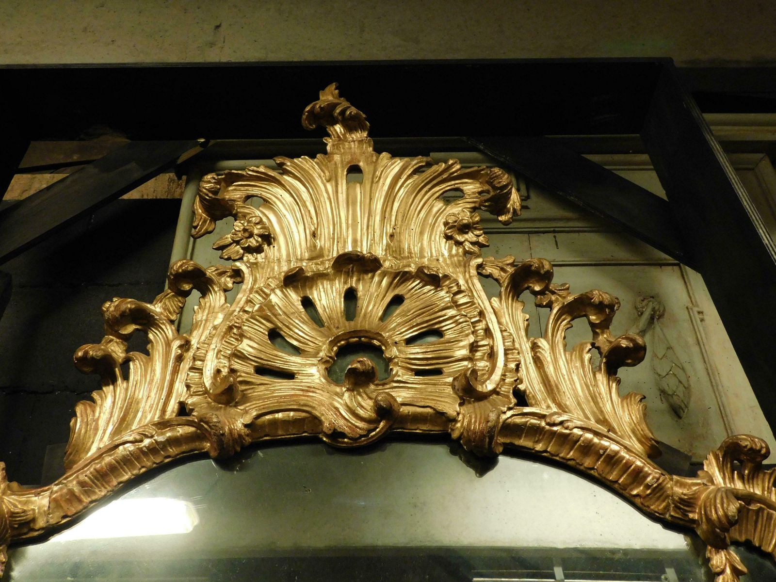 Home Decor Ancient Gilded Wooden Mirror With Richly Carved Cymatium, Italy photo