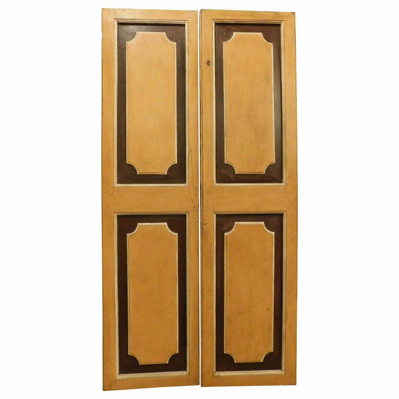 N.3 Double Wing Lacquered Old Doors, Painted And Panels In Relief, Italy