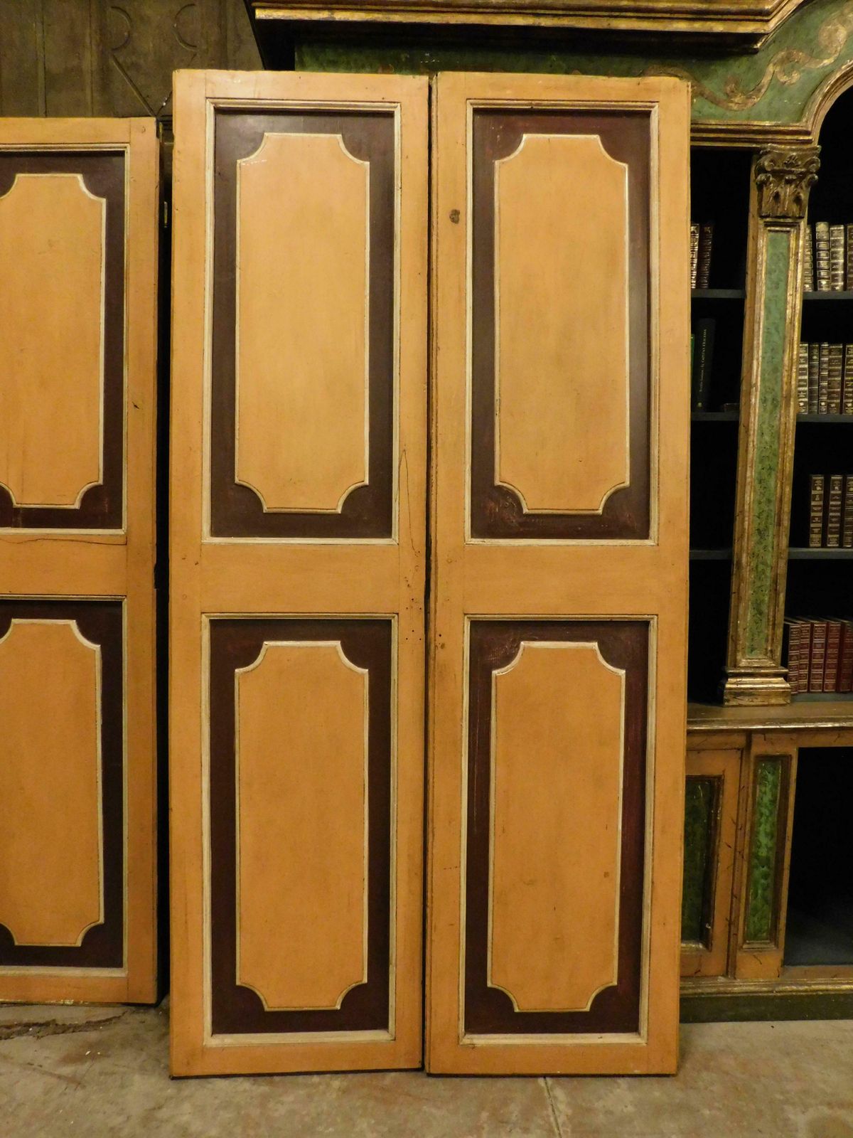 N.3 Double Wing Lacquered Old Doors, Painted And Panels In Relief, Italy photo for sale