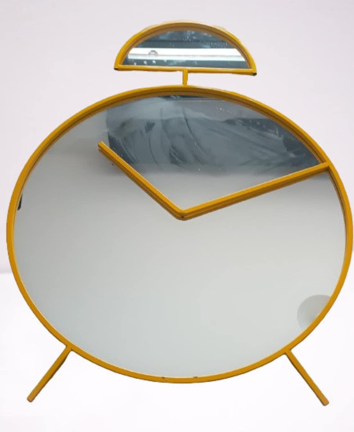 Large Mirror In The Shape Of An Alarm Clock, Yellow Metal Frame For The Wall, Pop Art Design, Memphis Style photo furniture
