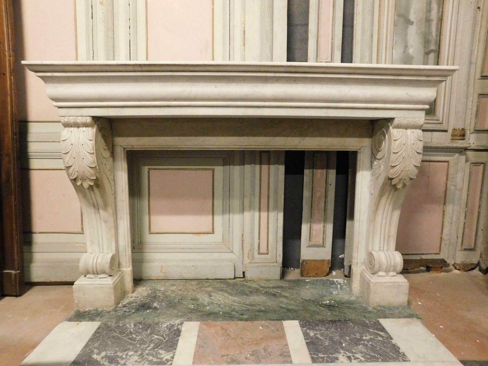 Old White Carrara Marble Mantle Fireplace With Sculpted Legs, France photo vintage