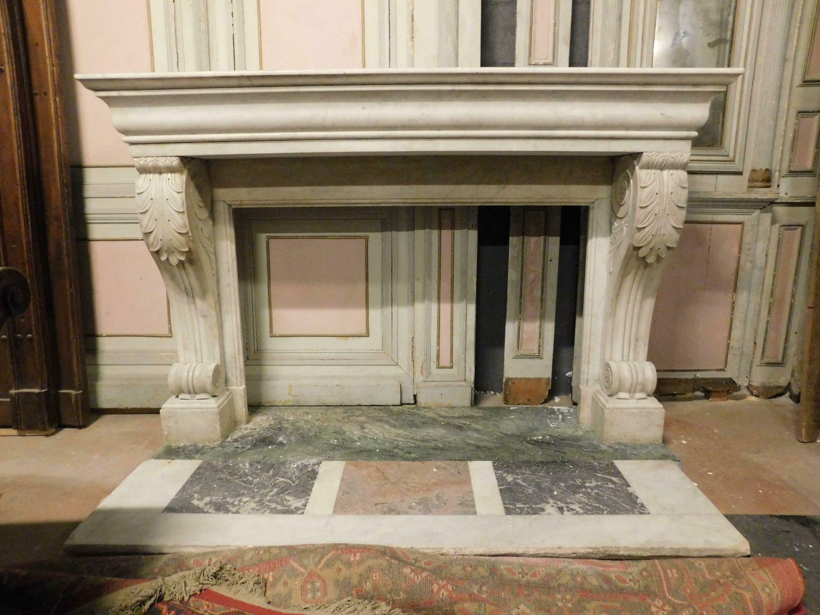 Home Fixtures Old White Carrara Marble Mantle Fireplace With Sculpted Legs, France photo