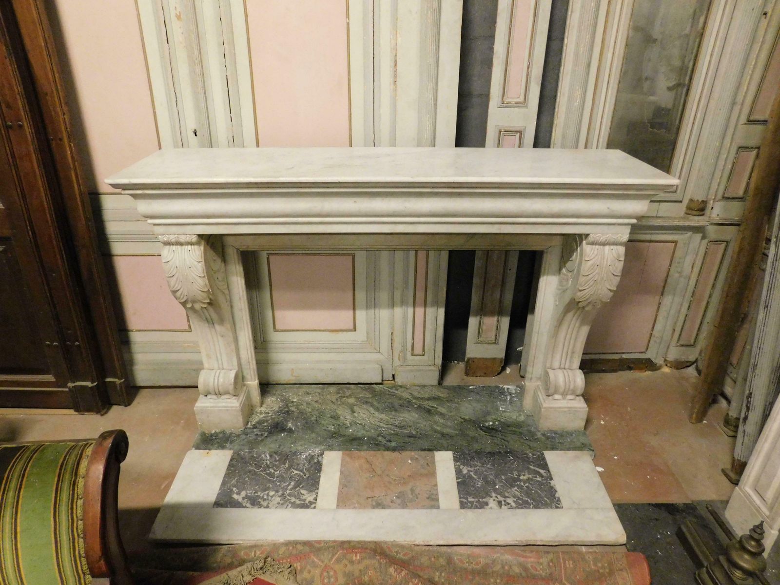 6011.0 Old White Carrara Marble Mantle Fireplace With Sculpted Legs, France photo