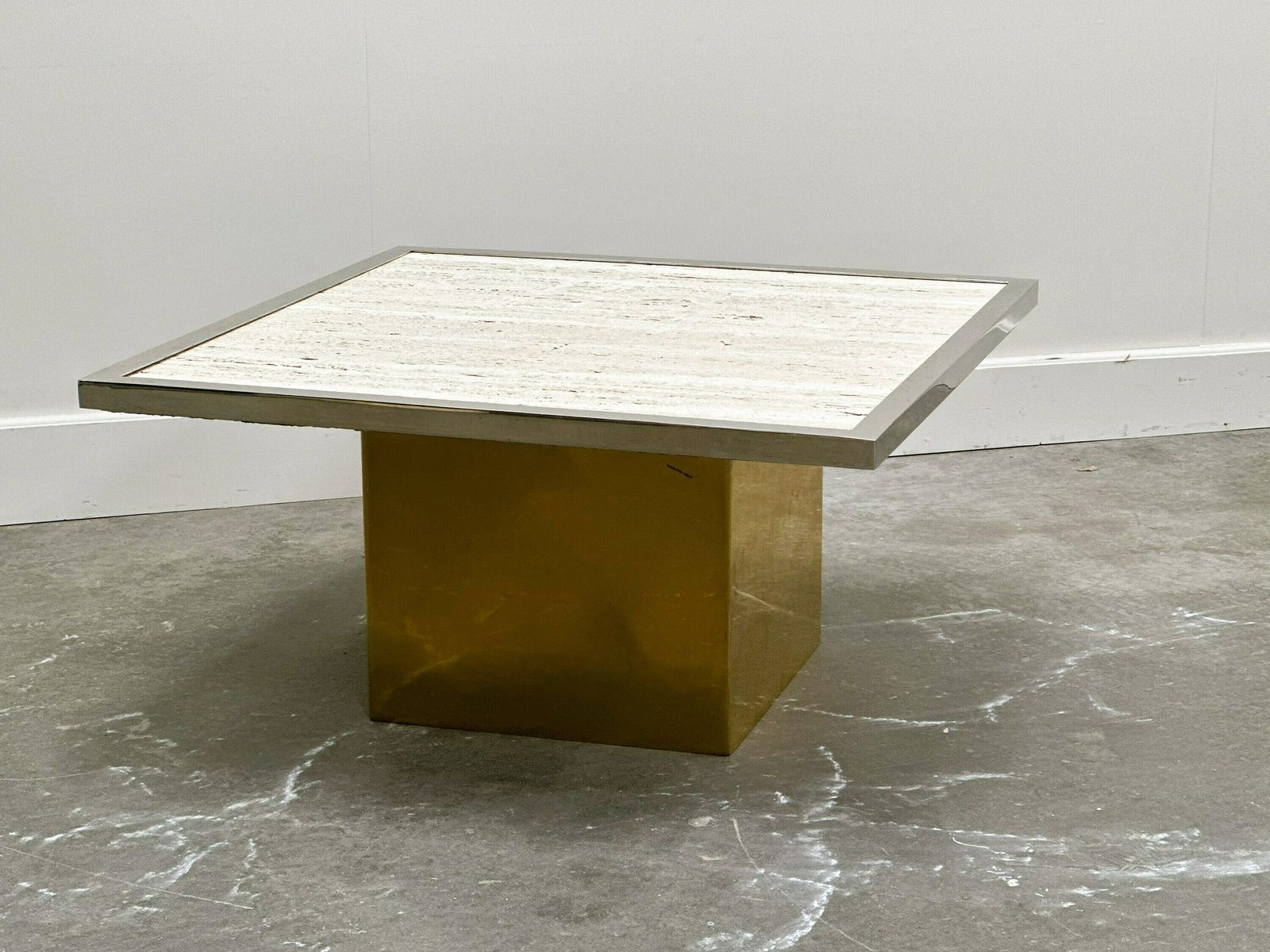 Brute Travertin Coffee Table With Brass Base And Chrome Edges, France 1970s. photo furniture