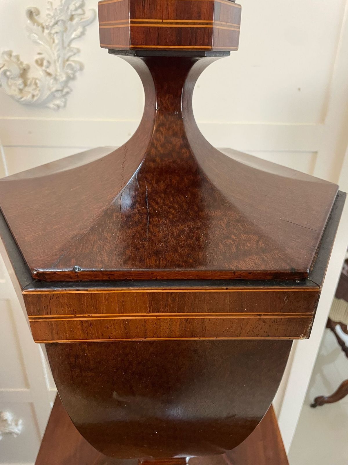 Rare Pair Of Antique Outstanding Quality Mahogany Inlaid Wine Urns On Original Pedestal Cupboards photo for sale