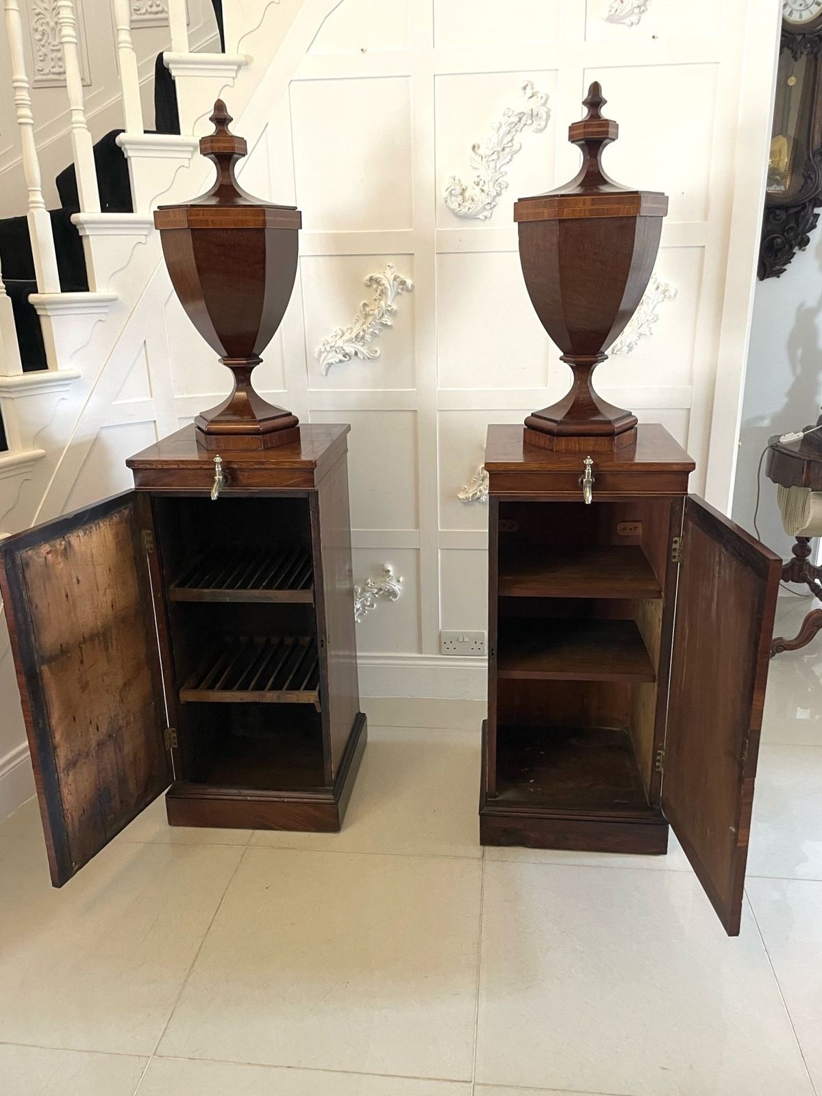 photo furniture Rare Pair Of Antique Outstanding Quality Mahogany Inlaid Wine Urns On Original Pedestal Cupboards