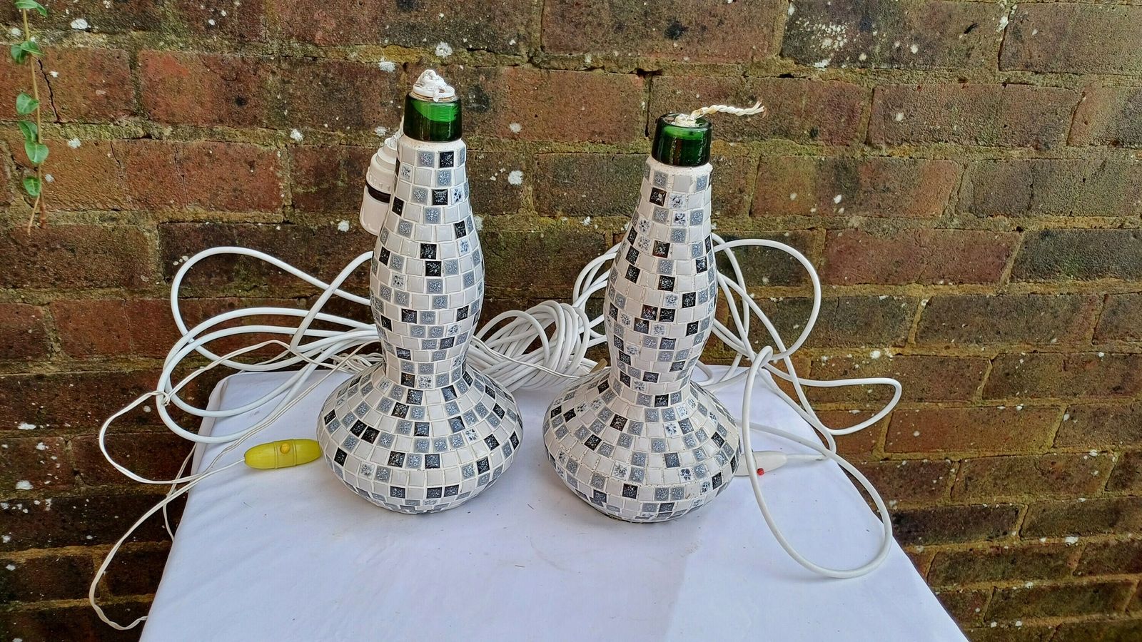 Superb Pair Of Mosaic On Glass Bottle Handmade Bedside Lamps. Great Condition. Lots Of Flex But Need Rewiring. Black White Grey..