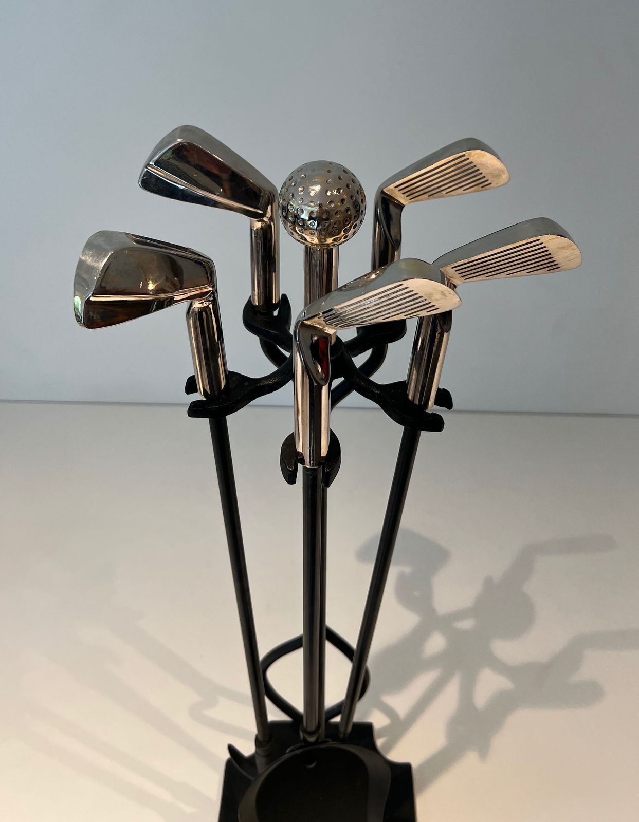 “Golf” Model Fire Kit In Black Lacquered Metal And Chromed Brass photo 2450.0