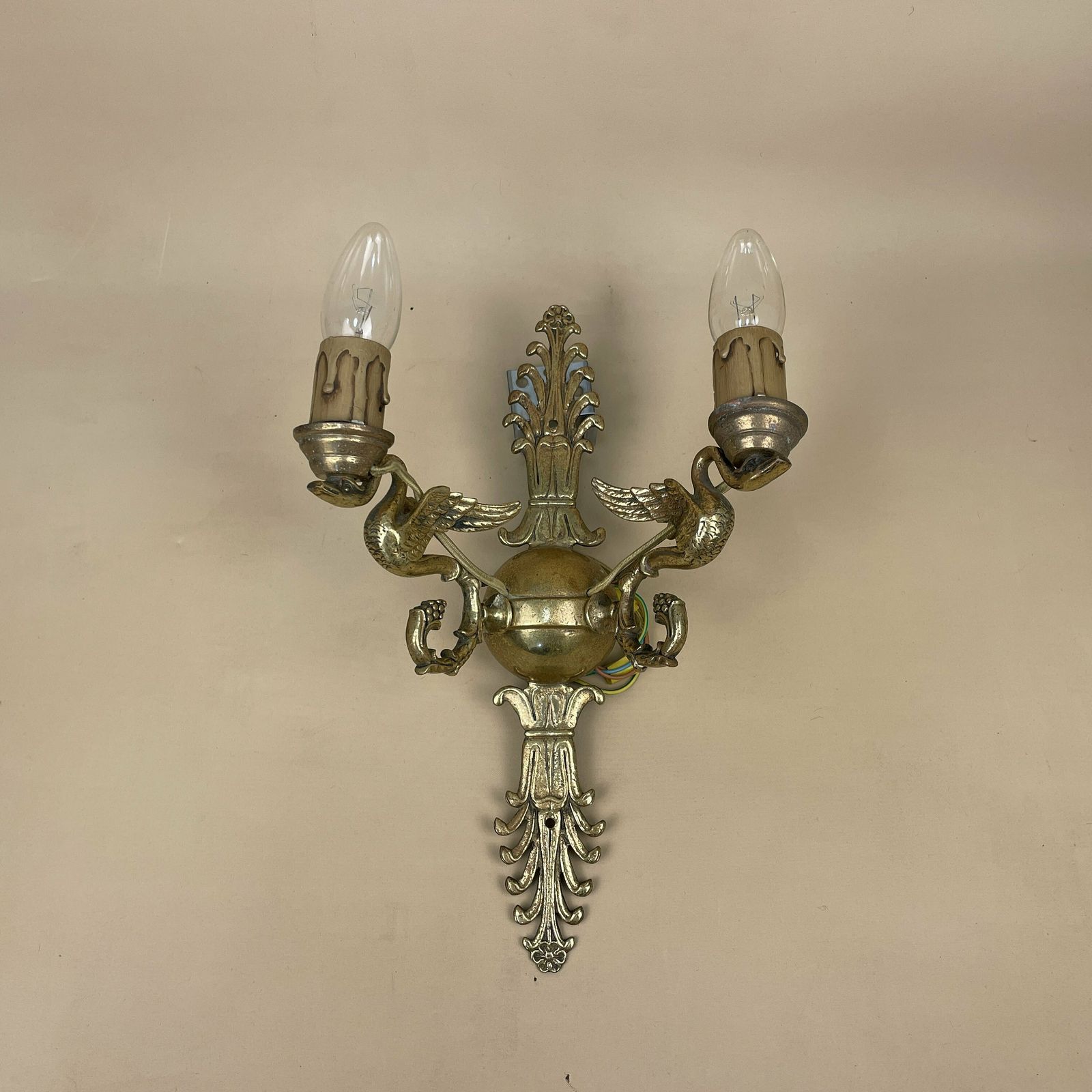 Antique Wall Light Metal Gold Brass Lamp Sconces Oriental Bird Ornate Detail 2 Arms Pattern Patterned Lighting Lights Fireplace Vintage photo for sale