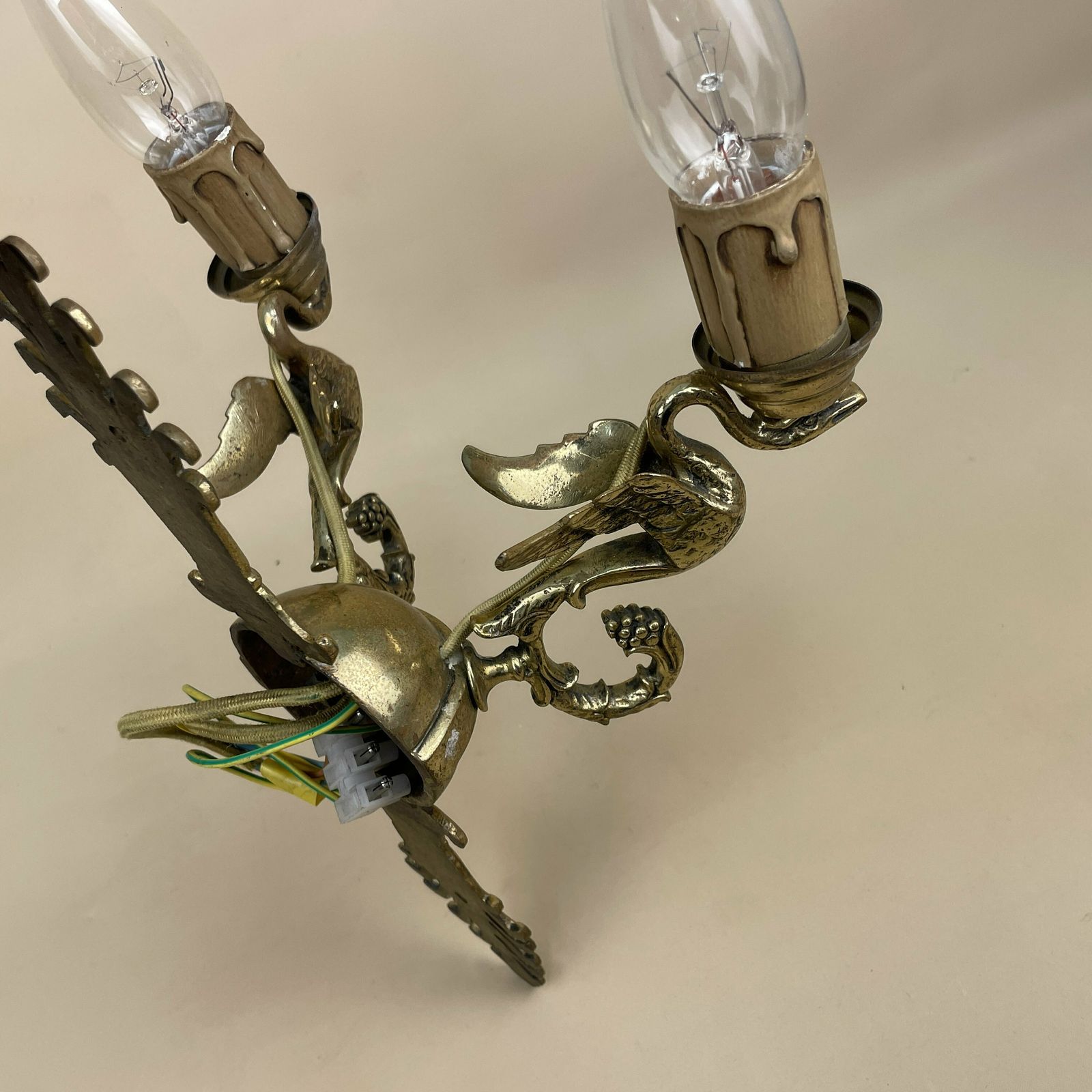Antique Wall Light Metal Gold Brass Lamp Sconces Oriental Bird Ornate Detail 2 Arms Pattern Patterned Lighting Lights Fireplace Vintage photo vintage