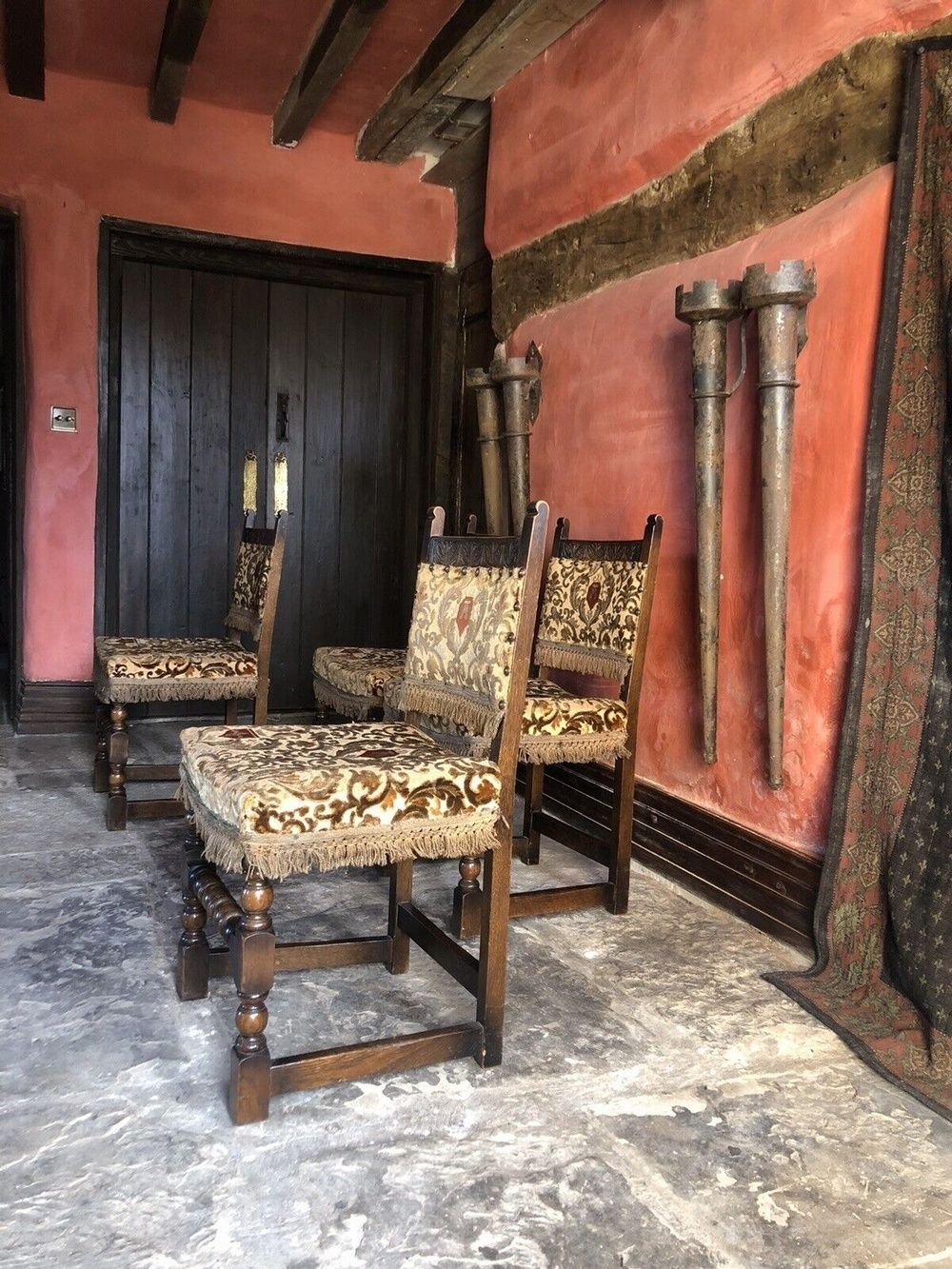 Beautiful Antique Victorian Style Oak Barley Twist Vintage Upholstered Velvet Cut Fleur De Lys Green Gold Stone Red Fringed Chairs X 4 photo Furniture