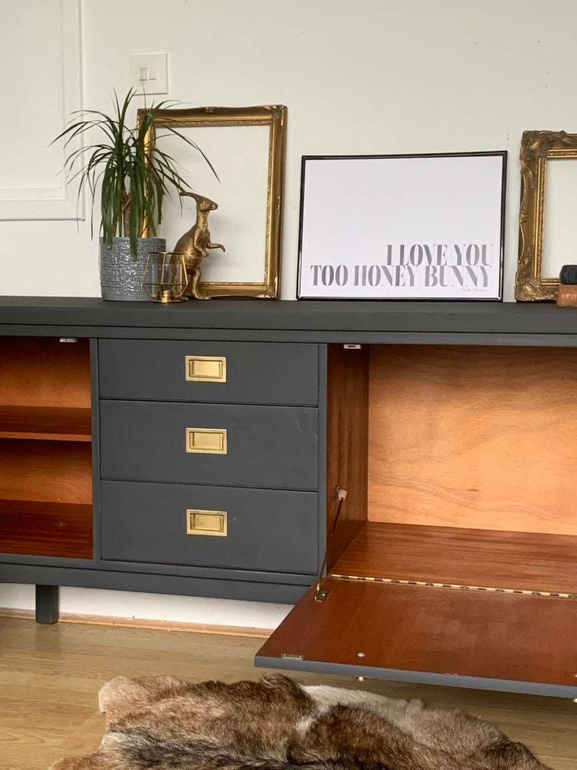 Professionally Spray Painted Dark Grey And Gold Thomas & Greaves 7ft Wooden Sideboard photo vinterior