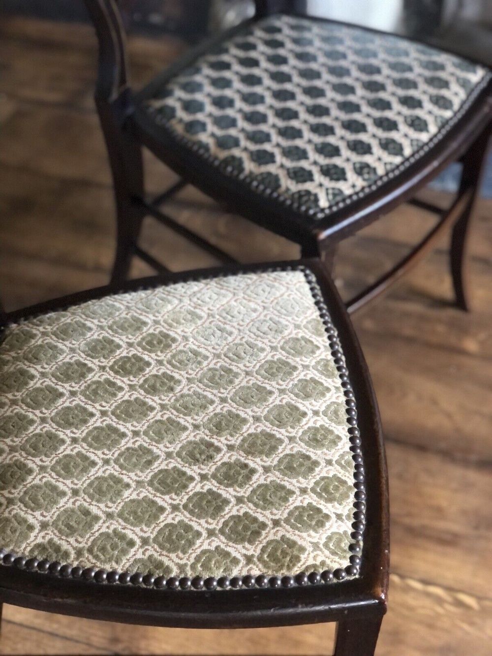 Pair Of Edwardian Mahogany & Boxwood Inlaid Period Vintage Green Teal Damask Shield Occasional Hall Bedroom Chairs X 2 photo Furniture