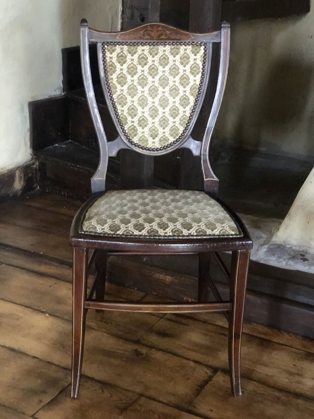 Pair Of Edwardian Mahogany & Boxwood Inlaid Period Vintage Green Teal Damask Shield Occasional Hall Bedroom Chairs X 2 photo buy
