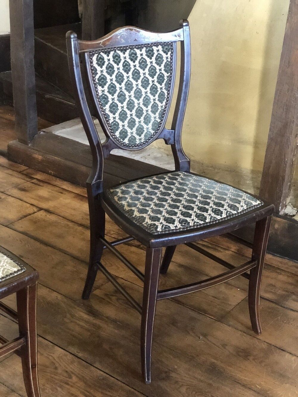 Pair Of Edwardian Mahogany & Boxwood Inlaid Period Vintage Green Teal Damask Shield Occasional Hall Bedroom Chairs X 2 photo vintage